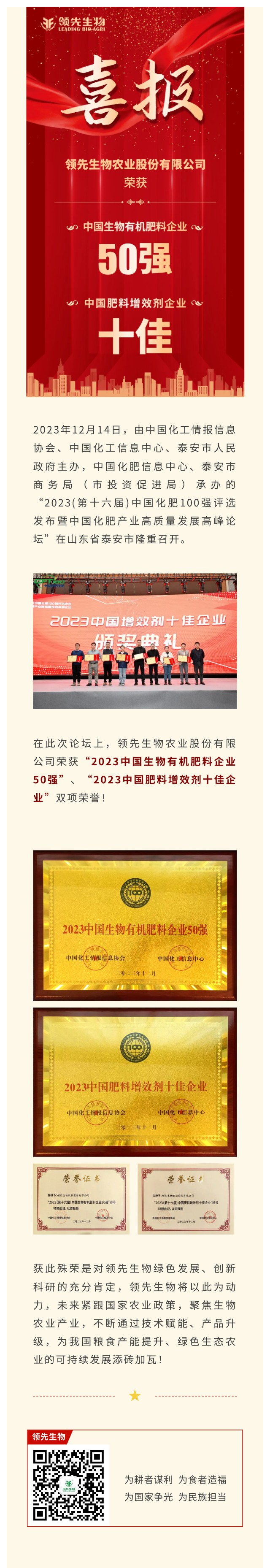 實力上榜 | 領(lǐng)先生物榮獲2023中國生物有機肥料企業(yè)50強！中國肥料增效劑十佳企業(yè)！